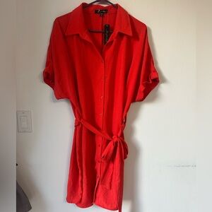 Red Midi Shirt Dress size 2x collar and belt Lexington Ave